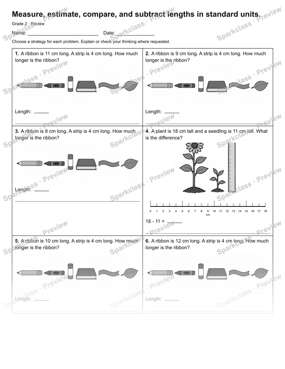 Measure, estimate, compare, and subtract lengths in standard units. — Review — Grade 2 worksheet preview