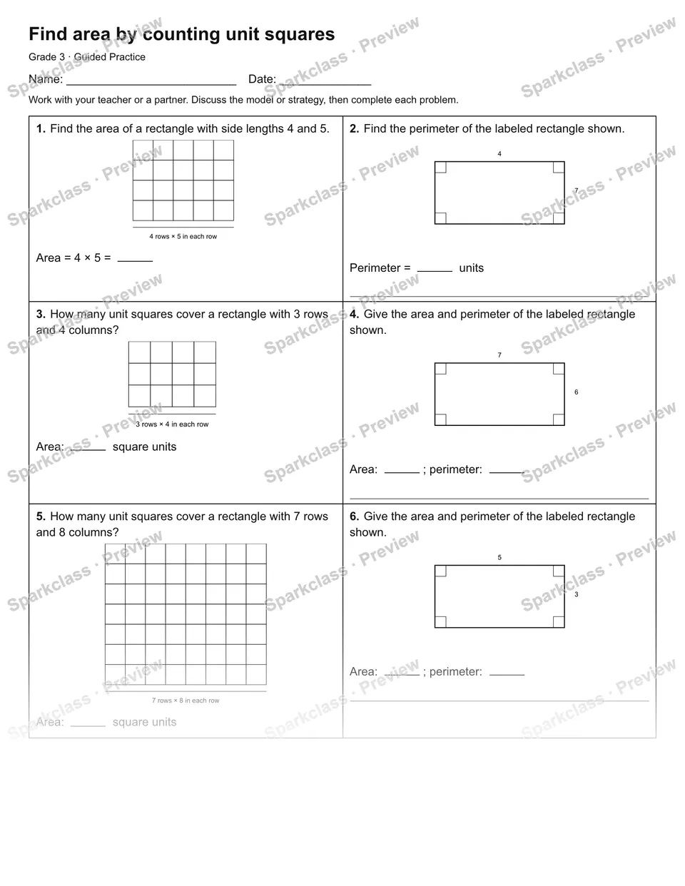 Find area by counting unit squares — Guided Practice — Grade 3 worksheet preview