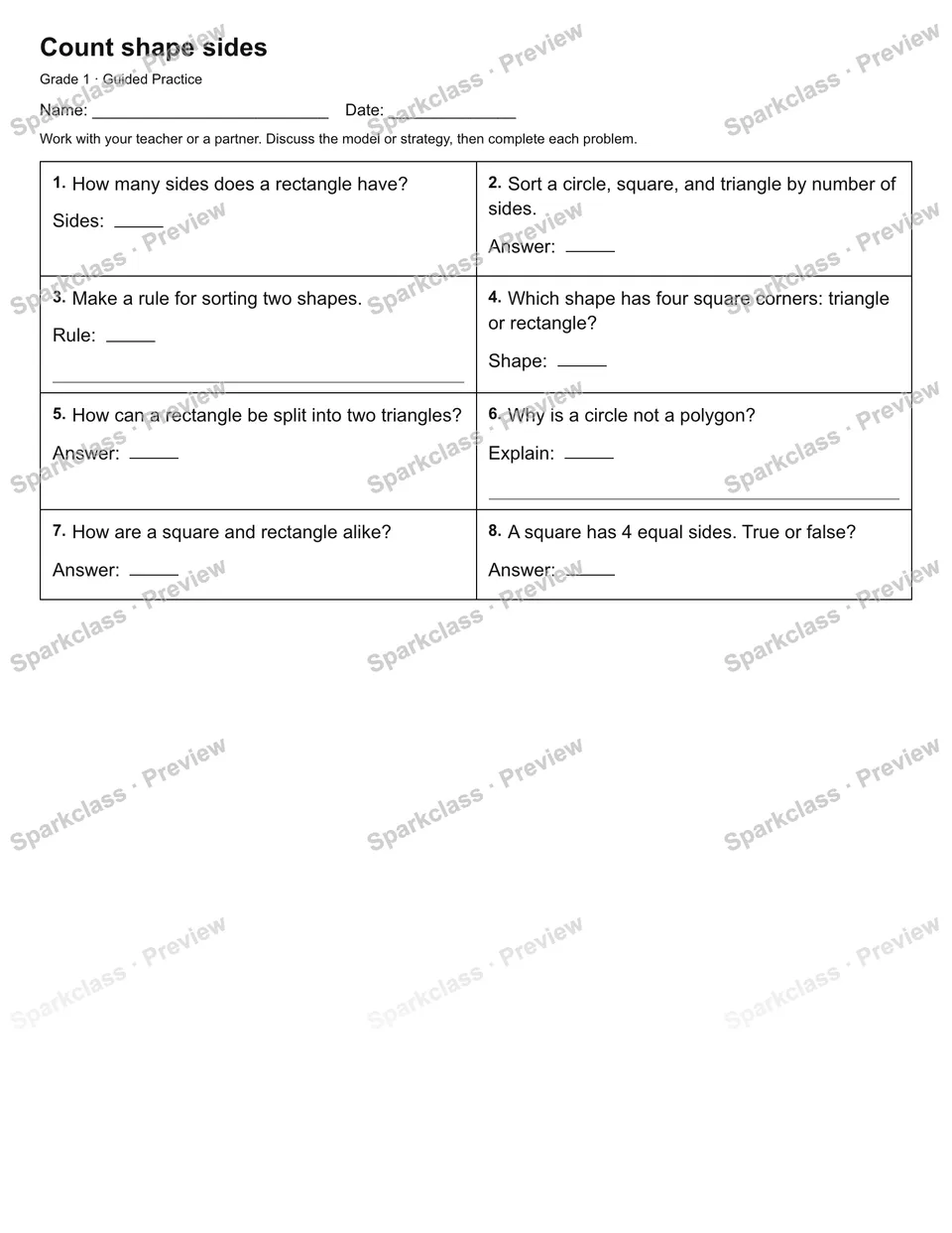 Count shape sides — Guided Practice — Grade 1 worksheet preview