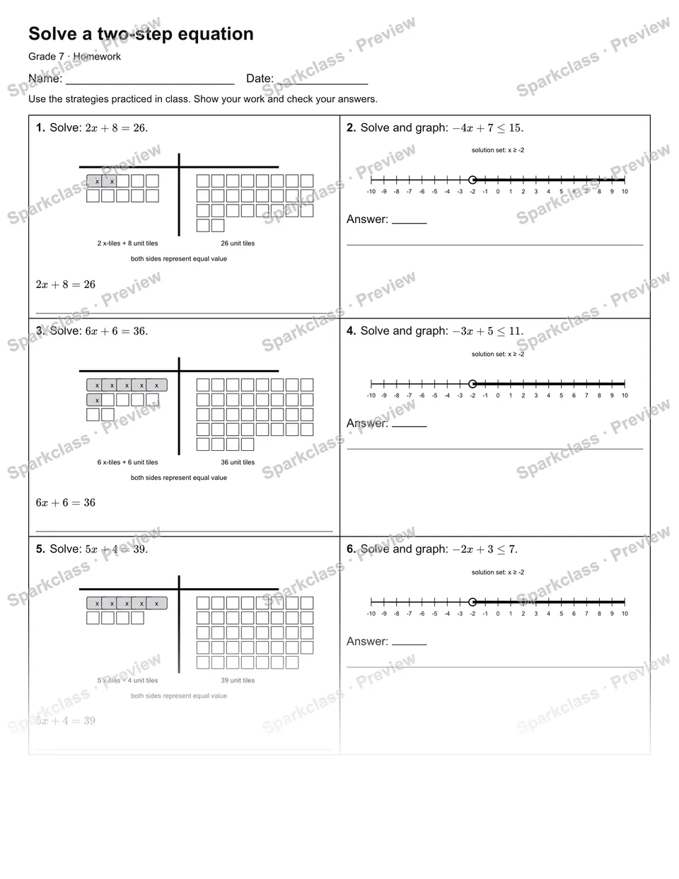 Solve a two-step equation — Homework — Grade 7 worksheet preview