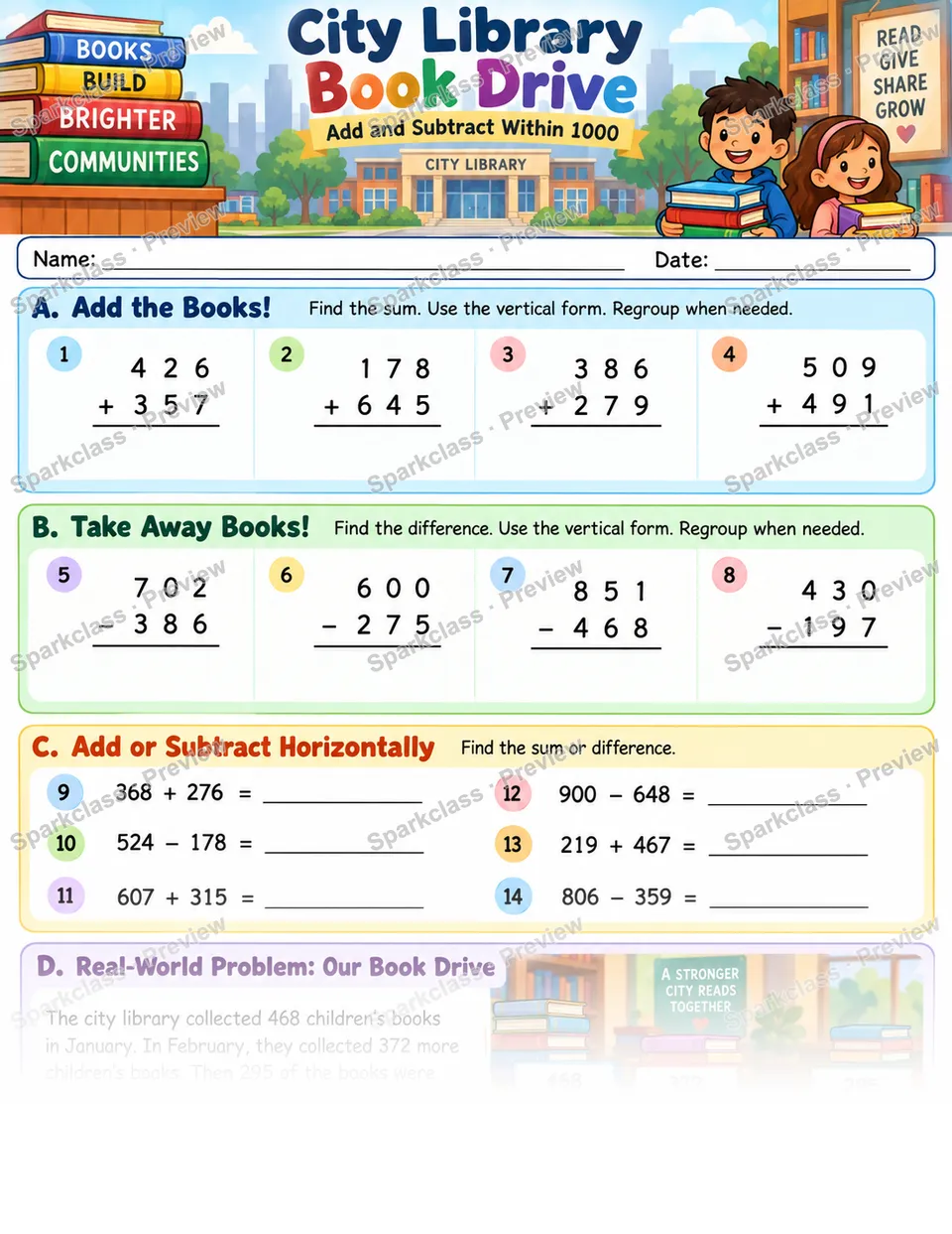City Library · Add and Subtract Within 1000 — Grade 3 worksheet preview