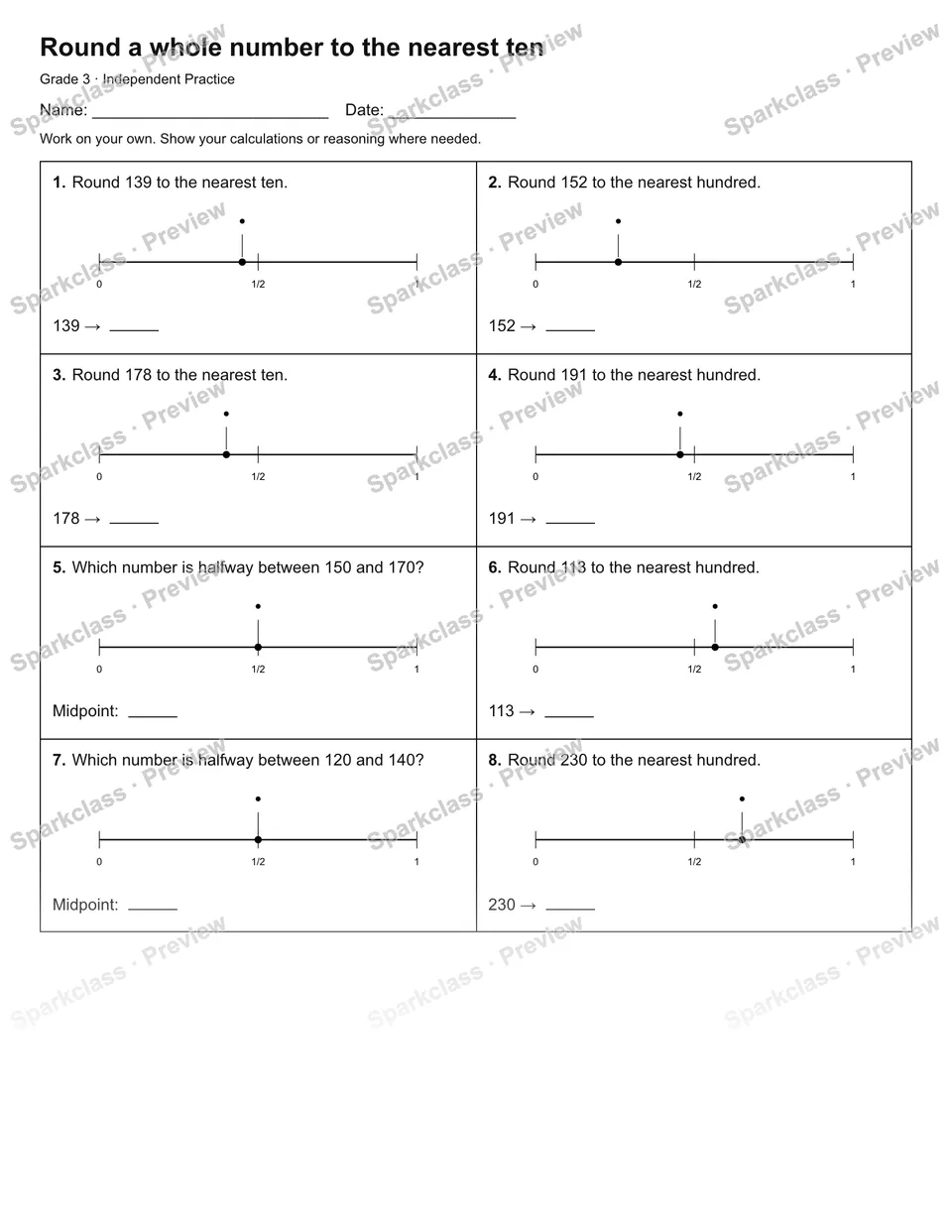 Round a whole number to the nearest ten — Independent Practice — Grade 3 worksheet preview