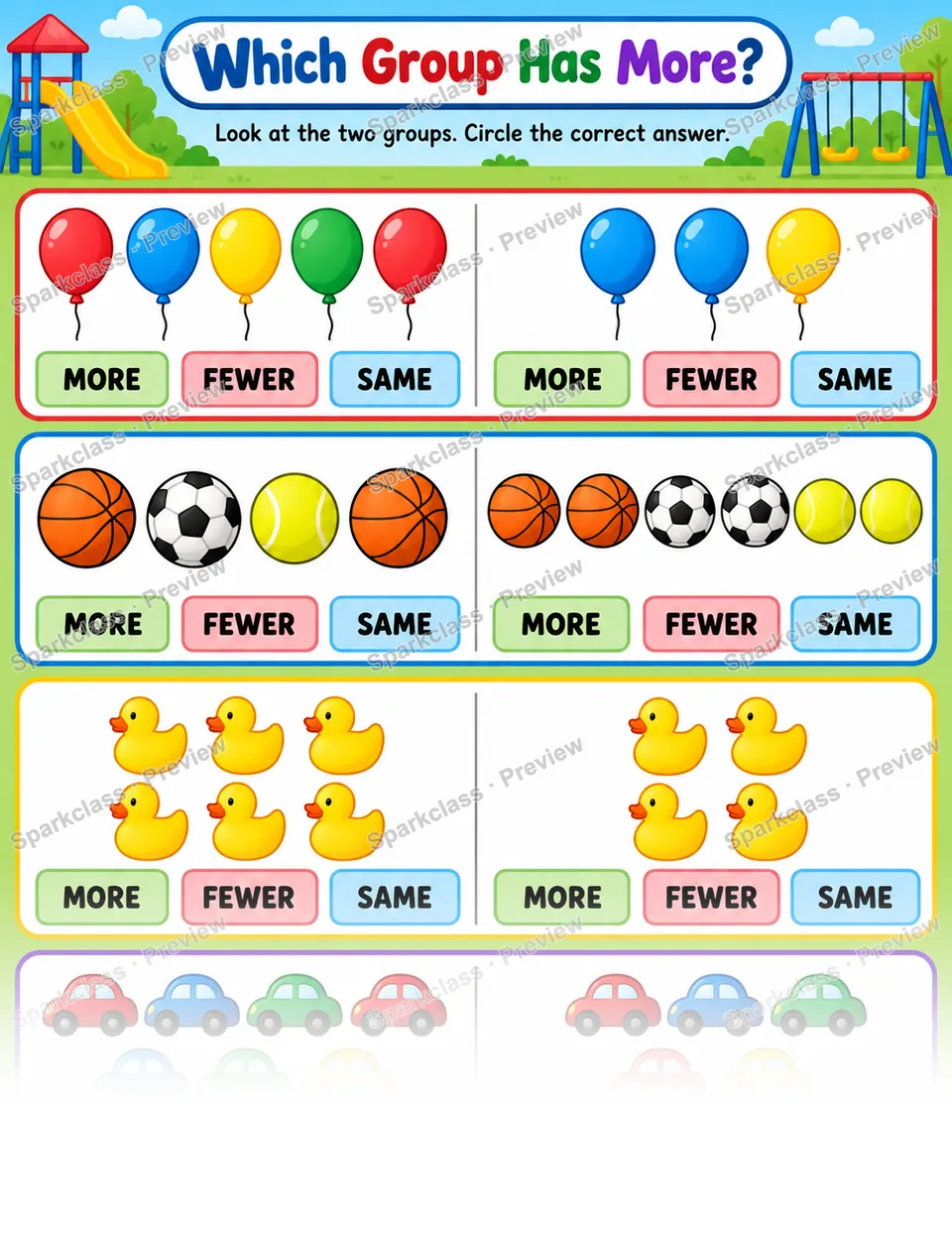 Basic More, Fewer, or Same · Playground — Kindergarten worksheet preview