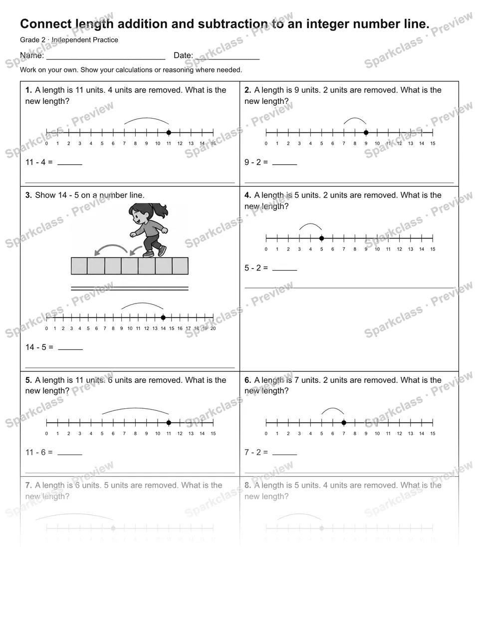 Connect length addition and subtraction to an integer number line. — Independent Practice — Grade 2 worksheet preview