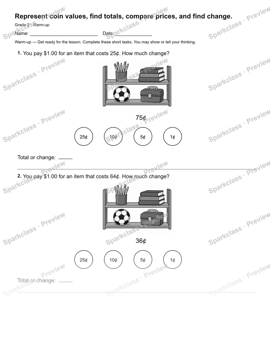 Represent coin values, find totals, compare prices, and find change. — Warm-up — page 2