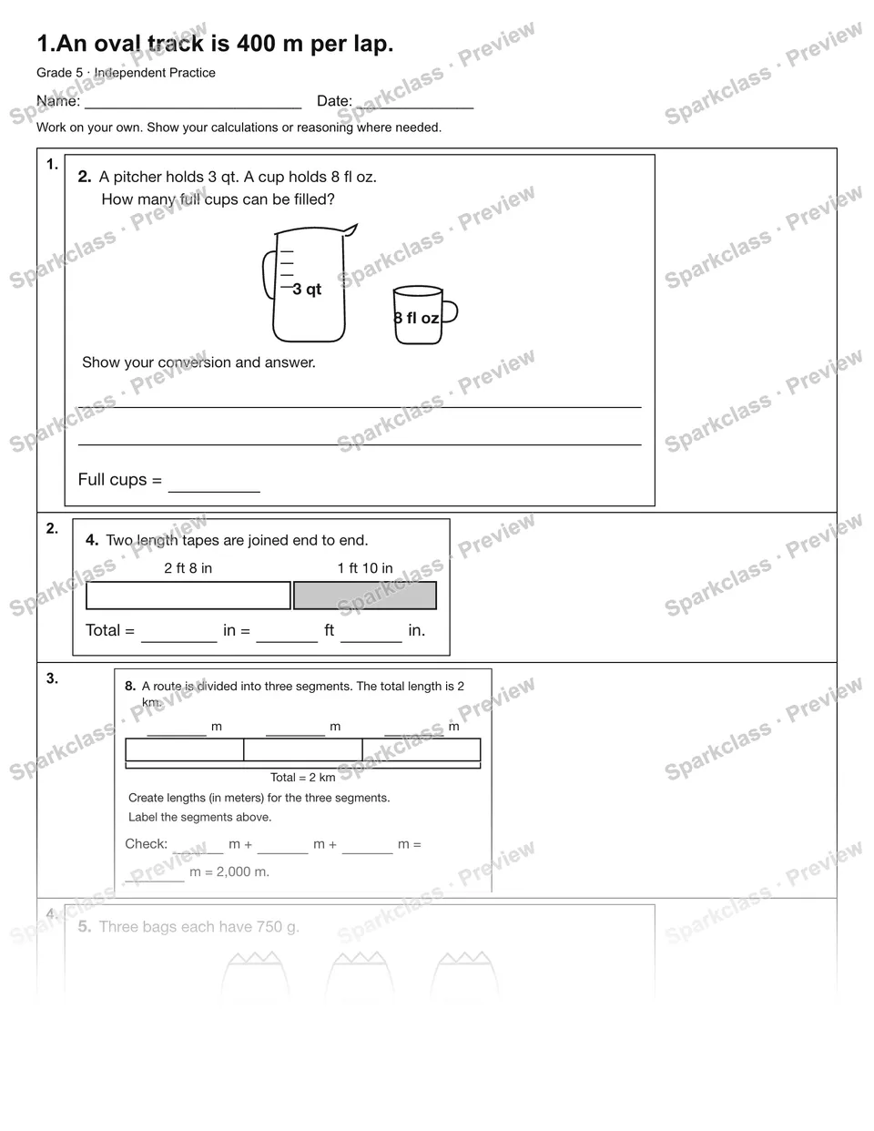 1.An oval track is 400 m per lap. — Independent Practice — Grade 5 worksheet preview