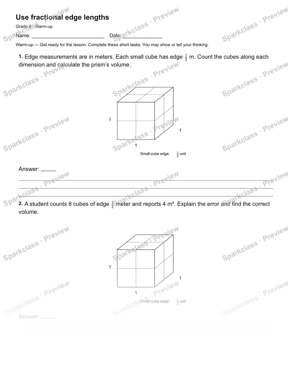 Use fractional edge lengths — Warm-up — Grade 6 worksheet preview