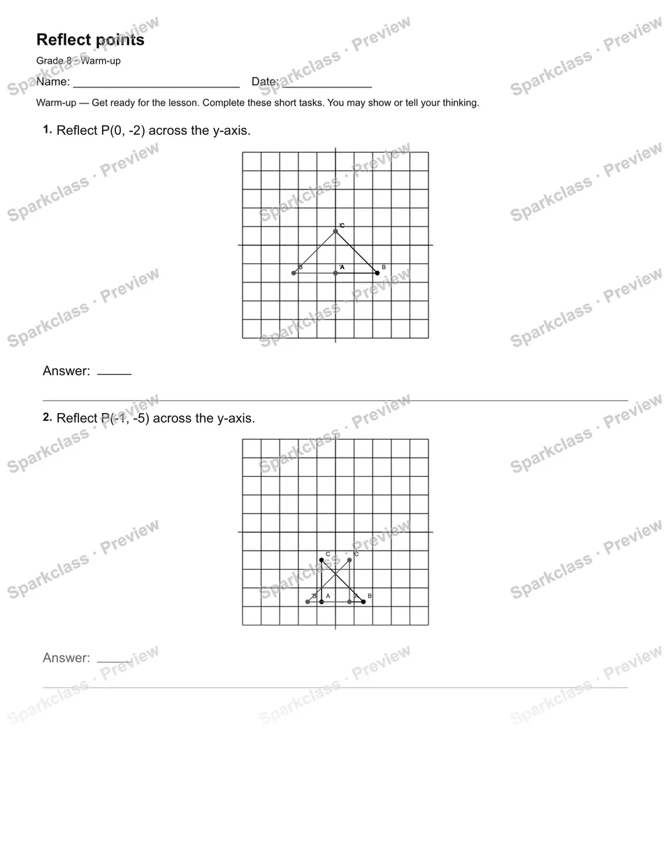 Reflect points — Warm-up — Grade 8 worksheet preview