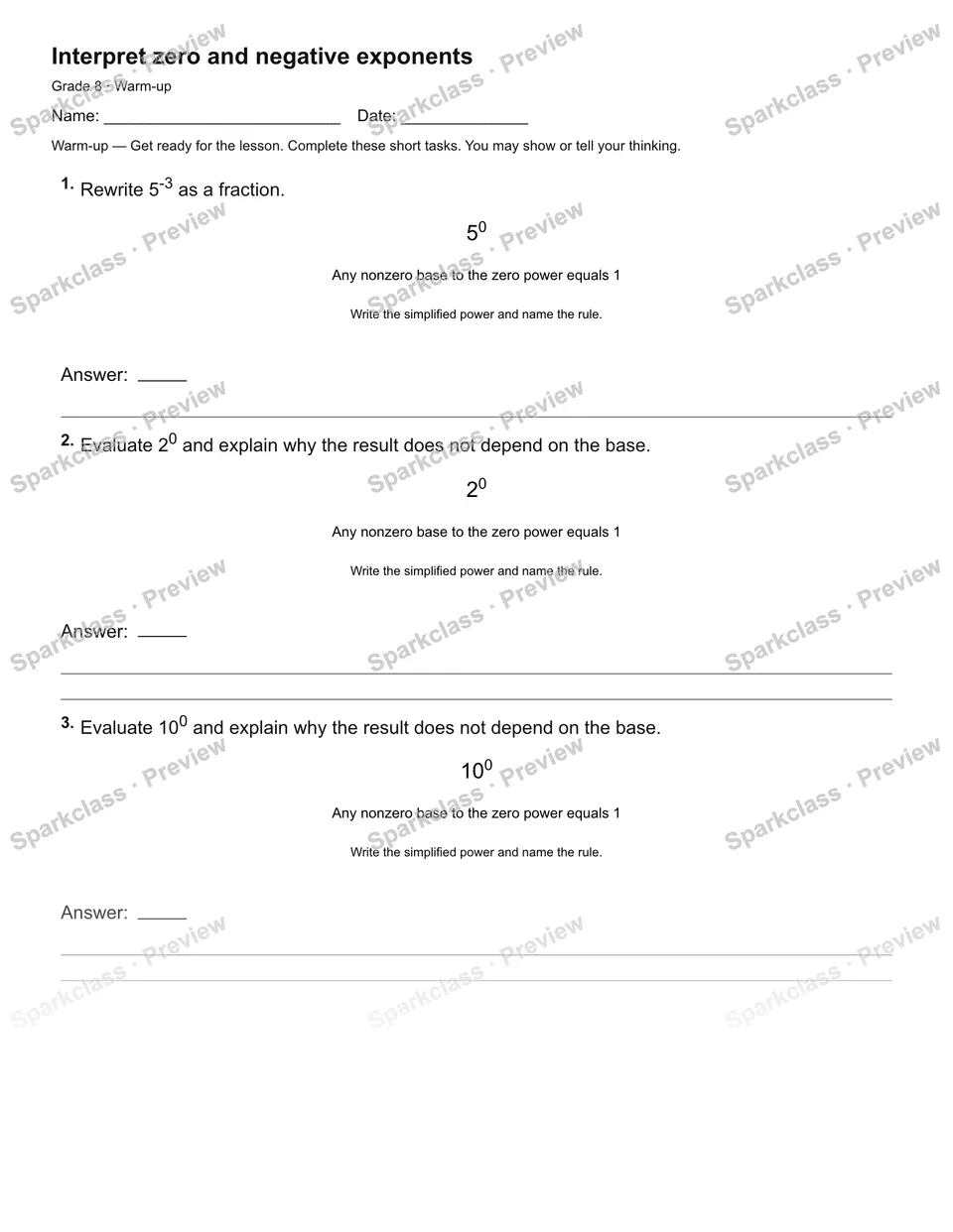 Interpret zero and negative exponents — Warm-up — Grade 8 worksheet preview
