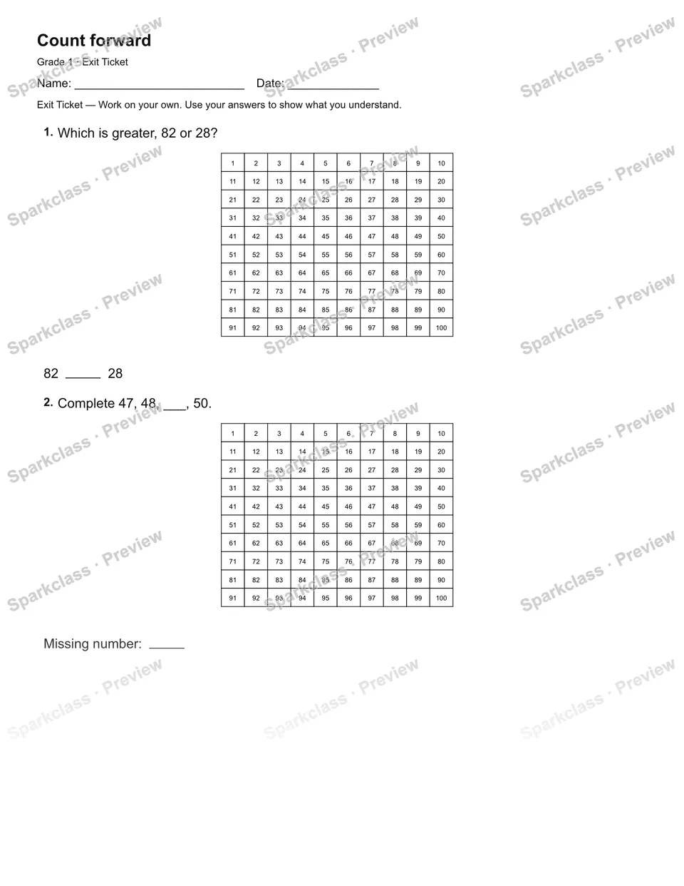 Count forward — Exit Ticket — Grade 1 worksheet preview