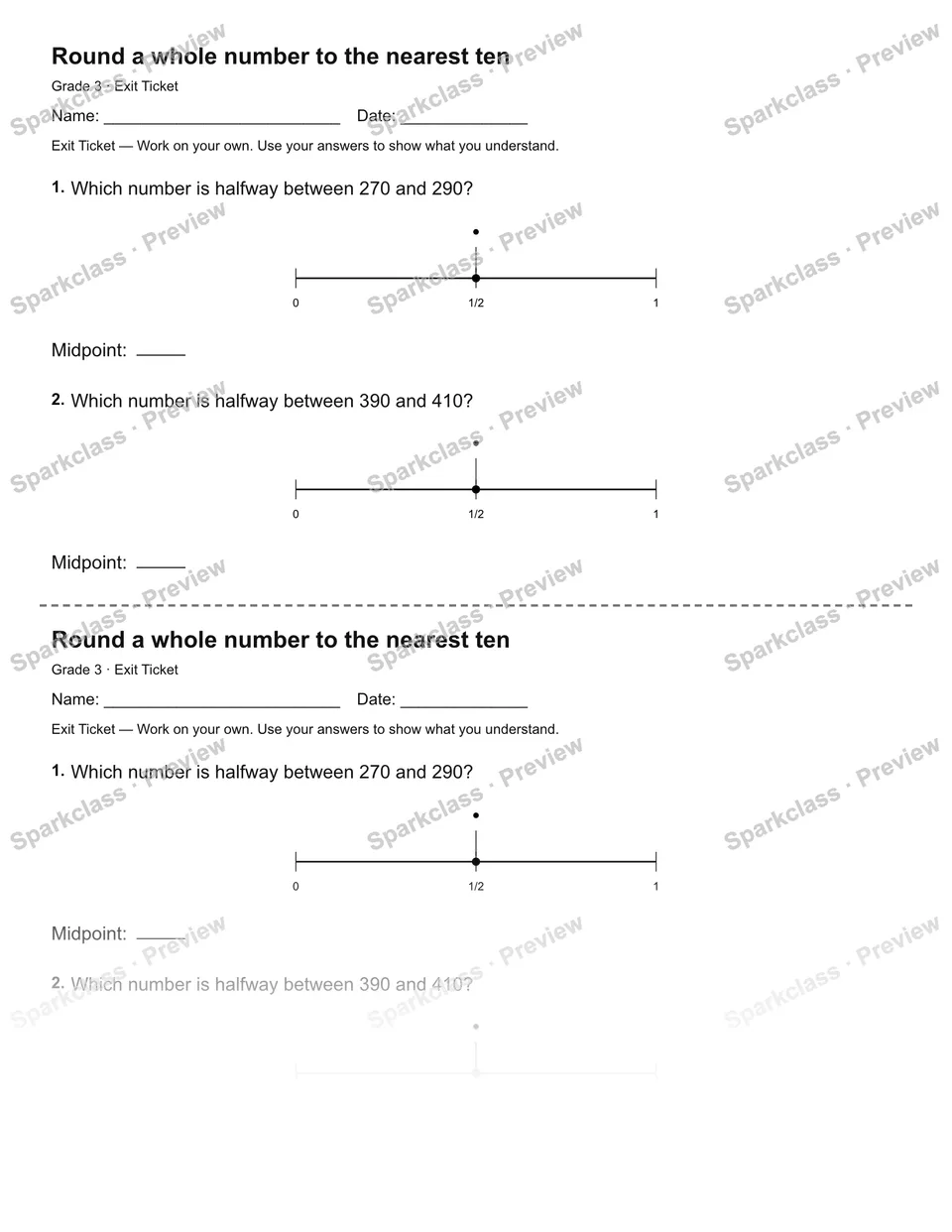 Round a whole number to the nearest ten — Exit Ticket — Grade 3 worksheet preview