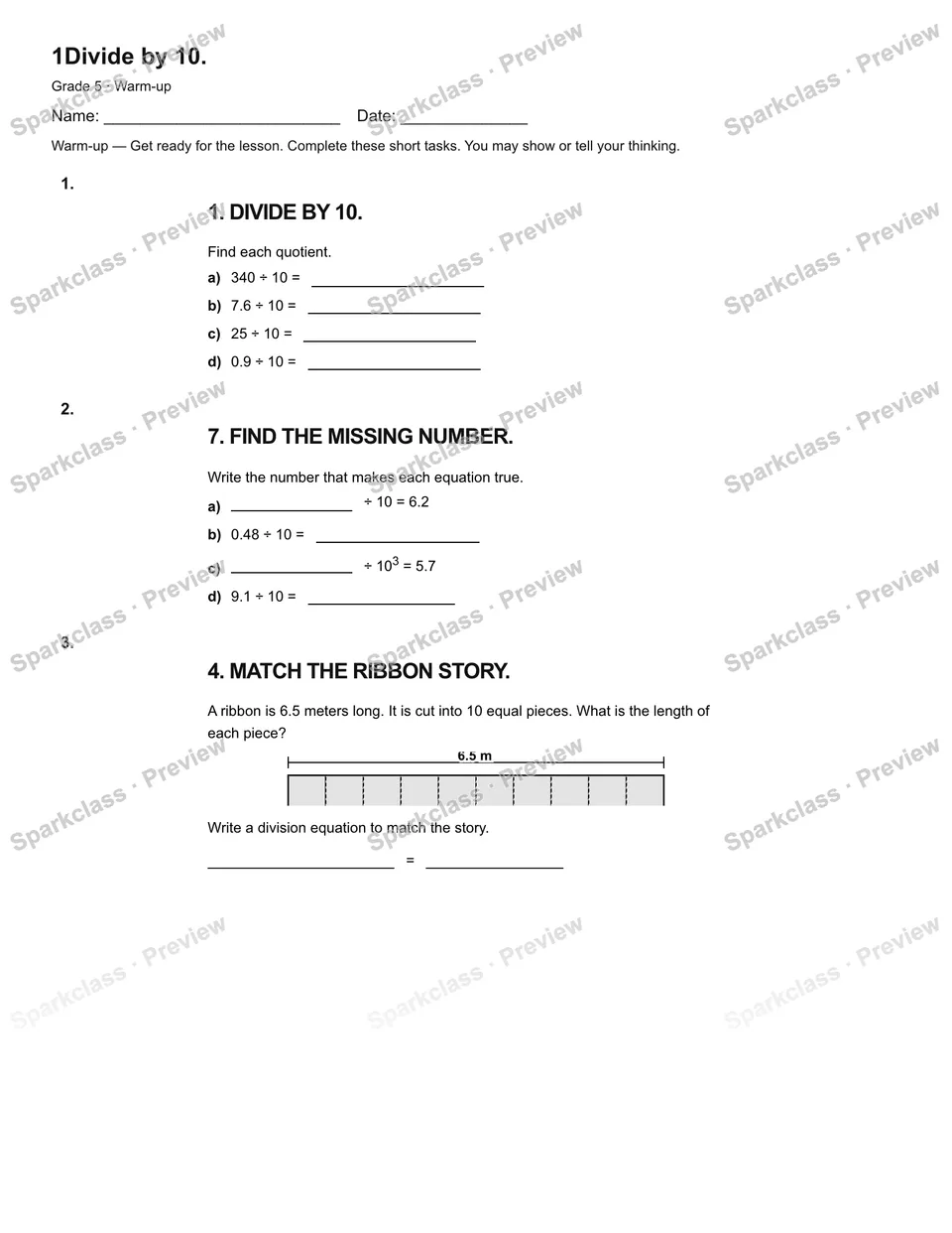 1Divide by 10. — Warm-up — Grade 5 worksheet preview