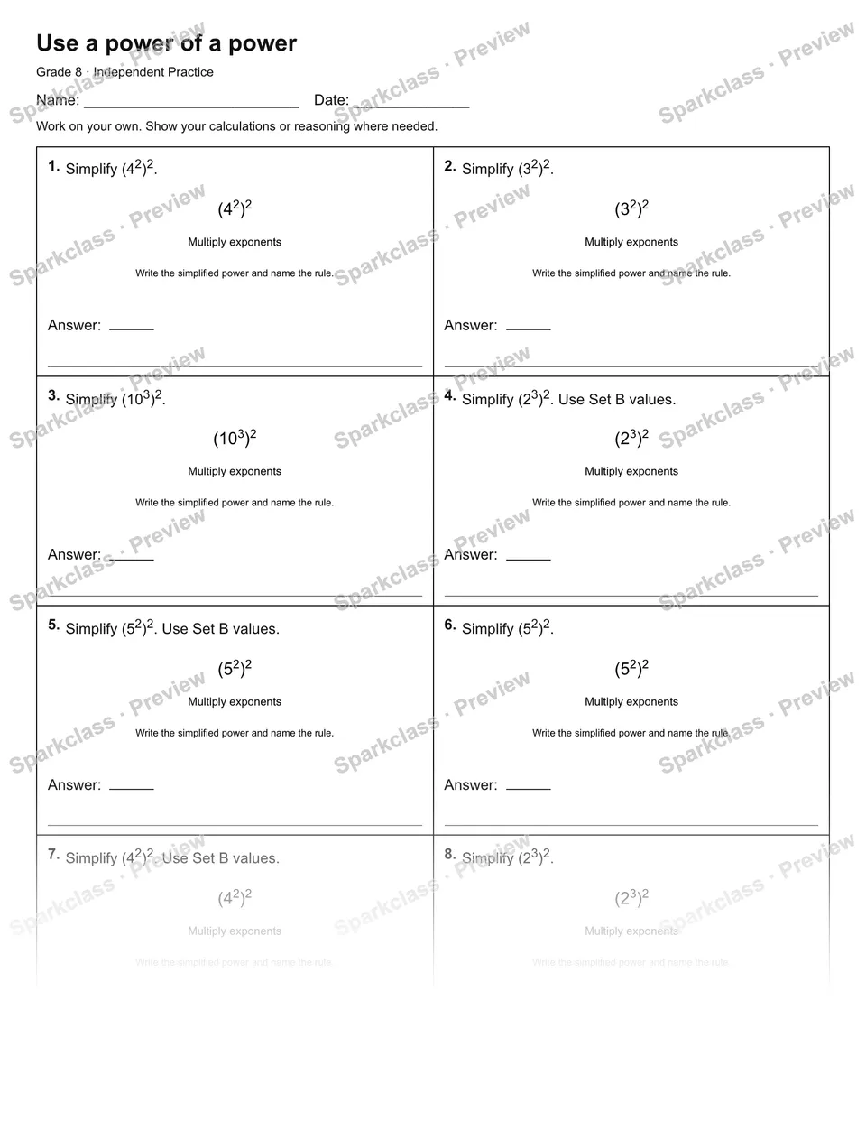 Use a power of a power — Independent Practice — Grade 8 worksheet preview