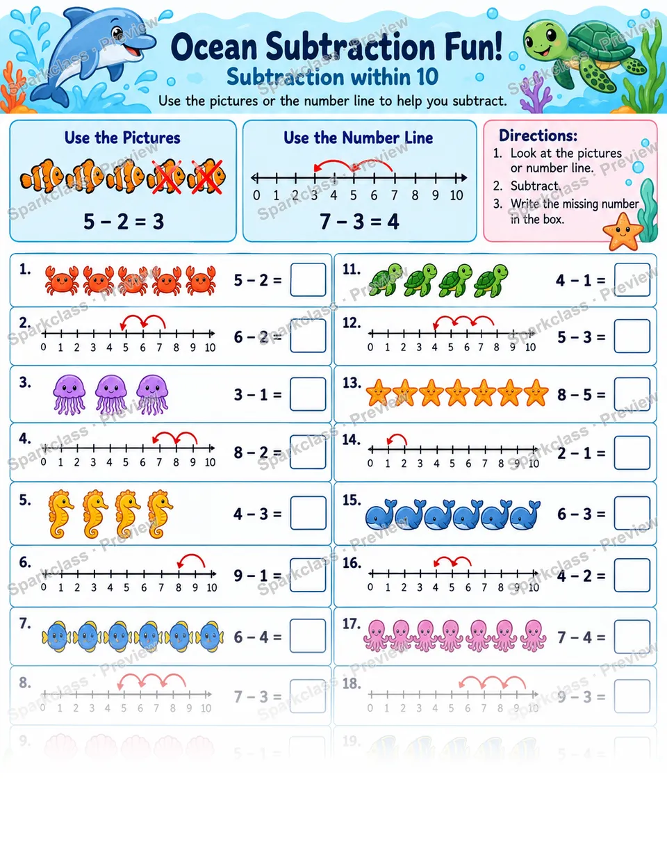 Subtraction Fluency Within Ten — Grade 1 worksheet preview