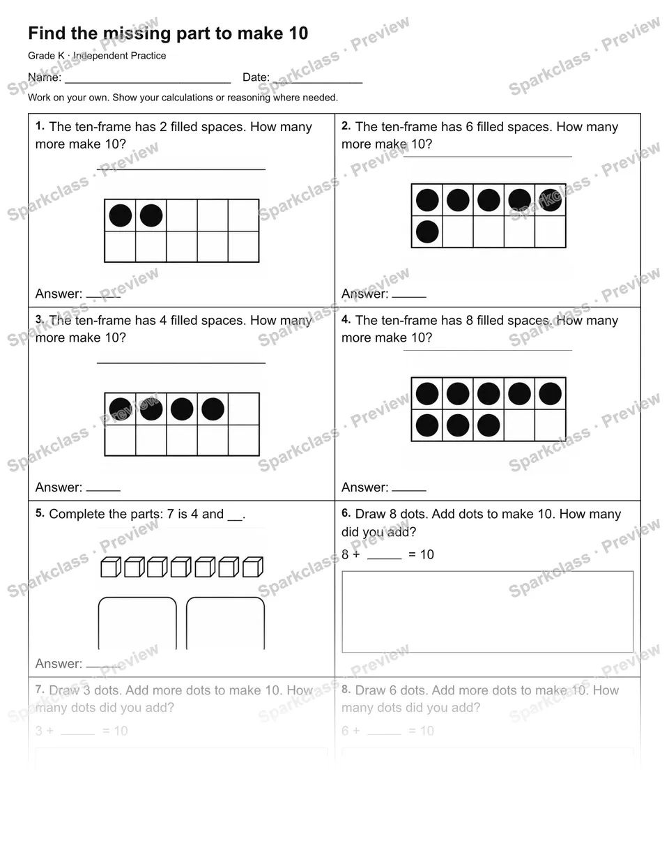 Find the missing part to make 10 — Independent Practice — Kindergarten worksheet preview
