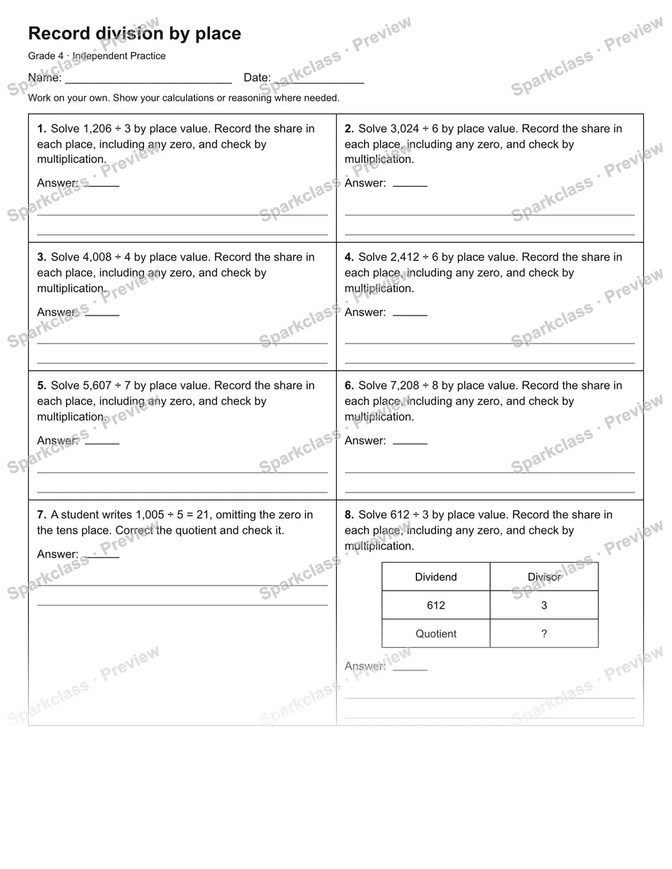 Record division by place — Independent Practice — Grade 4 worksheet preview