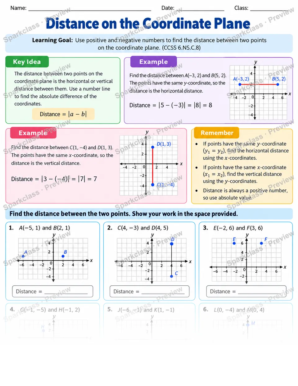 Coordinate Distance — Grade 6 worksheet preview