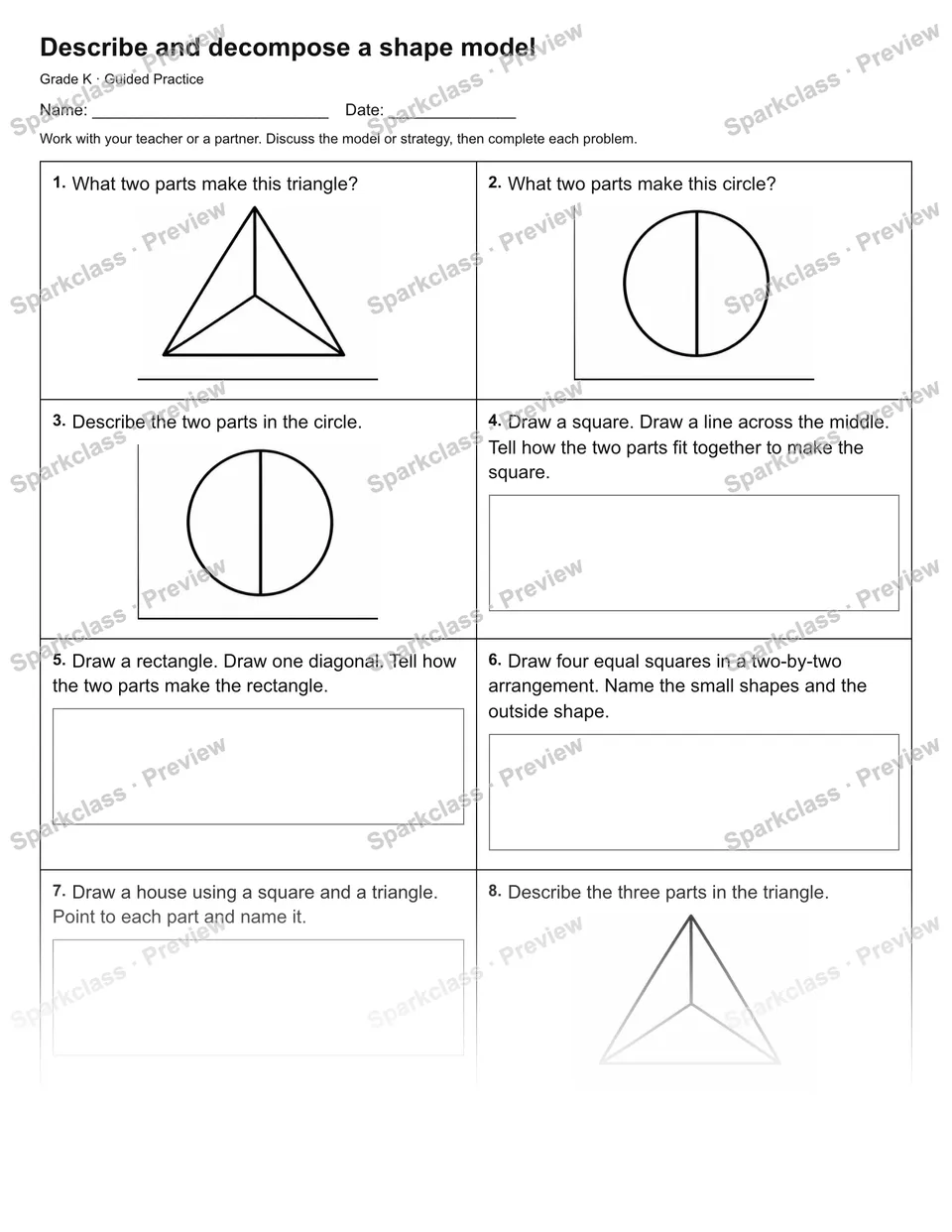Describe and decompose a shape model — Guided Practice — Kindergarten worksheet preview