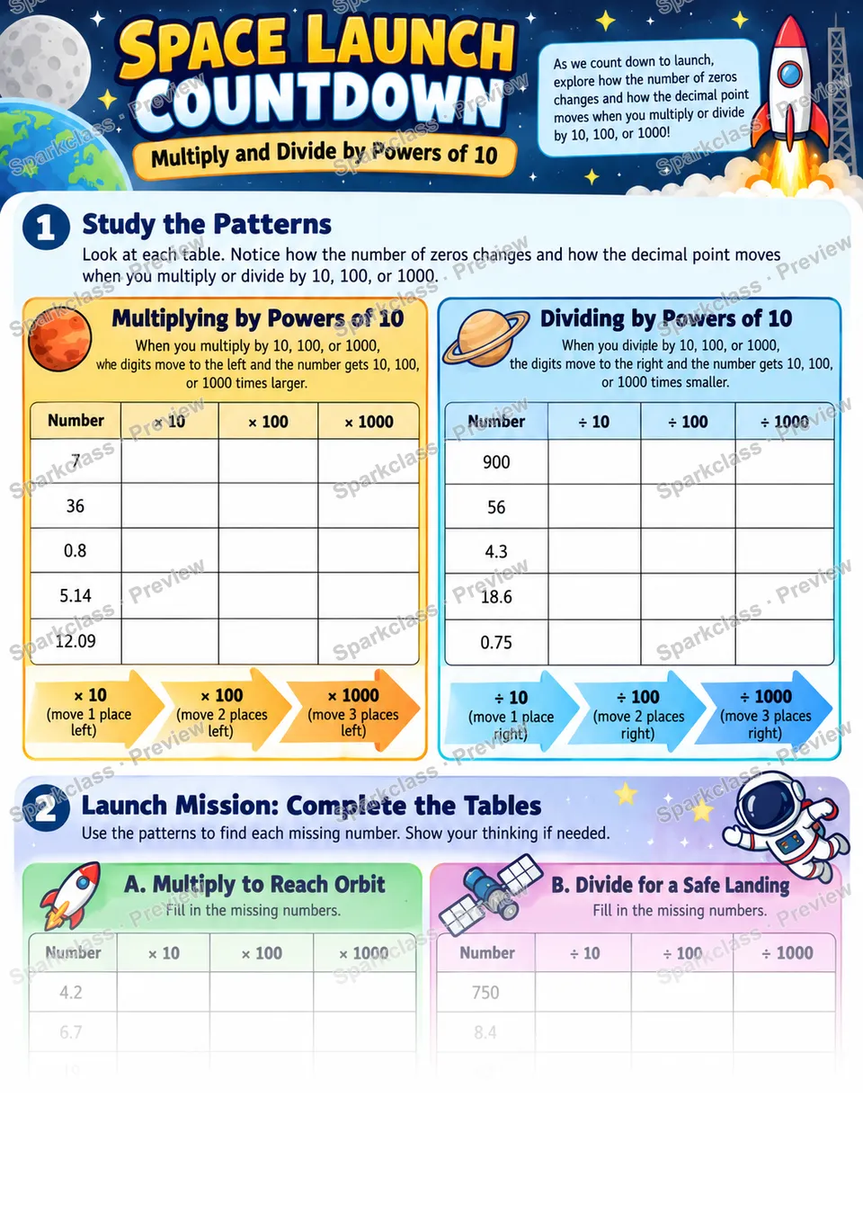 Place Value and Decimal Movement — Grade 5 worksheet preview