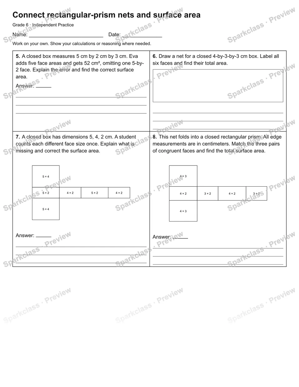 Connect rectangular-prism nets and surface area — Independent Practice — page 2