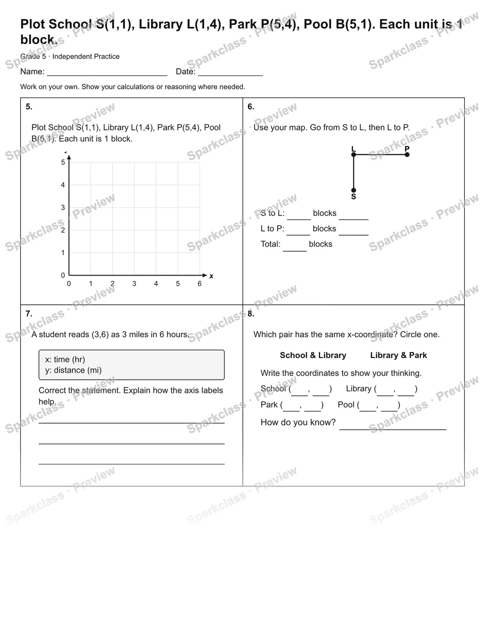 Plot School S(1,1), Library L(1,4), Park P(5,4), Pool B(5,1). Each unit is 1 block. — Independent Practice — page 2