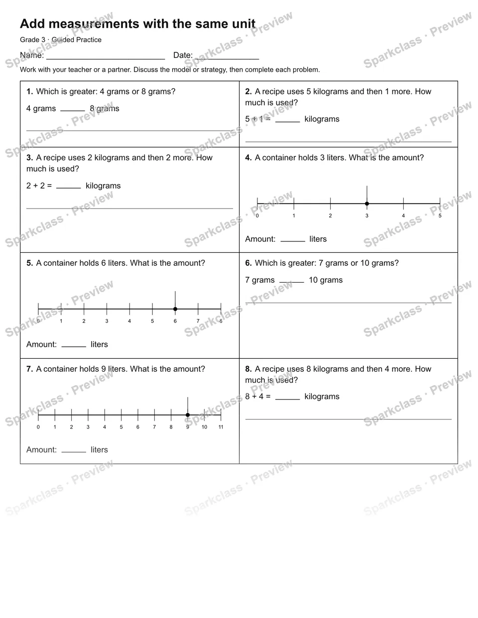 Add measurements with the same unit — Guided Practice — Grade 3 worksheet preview