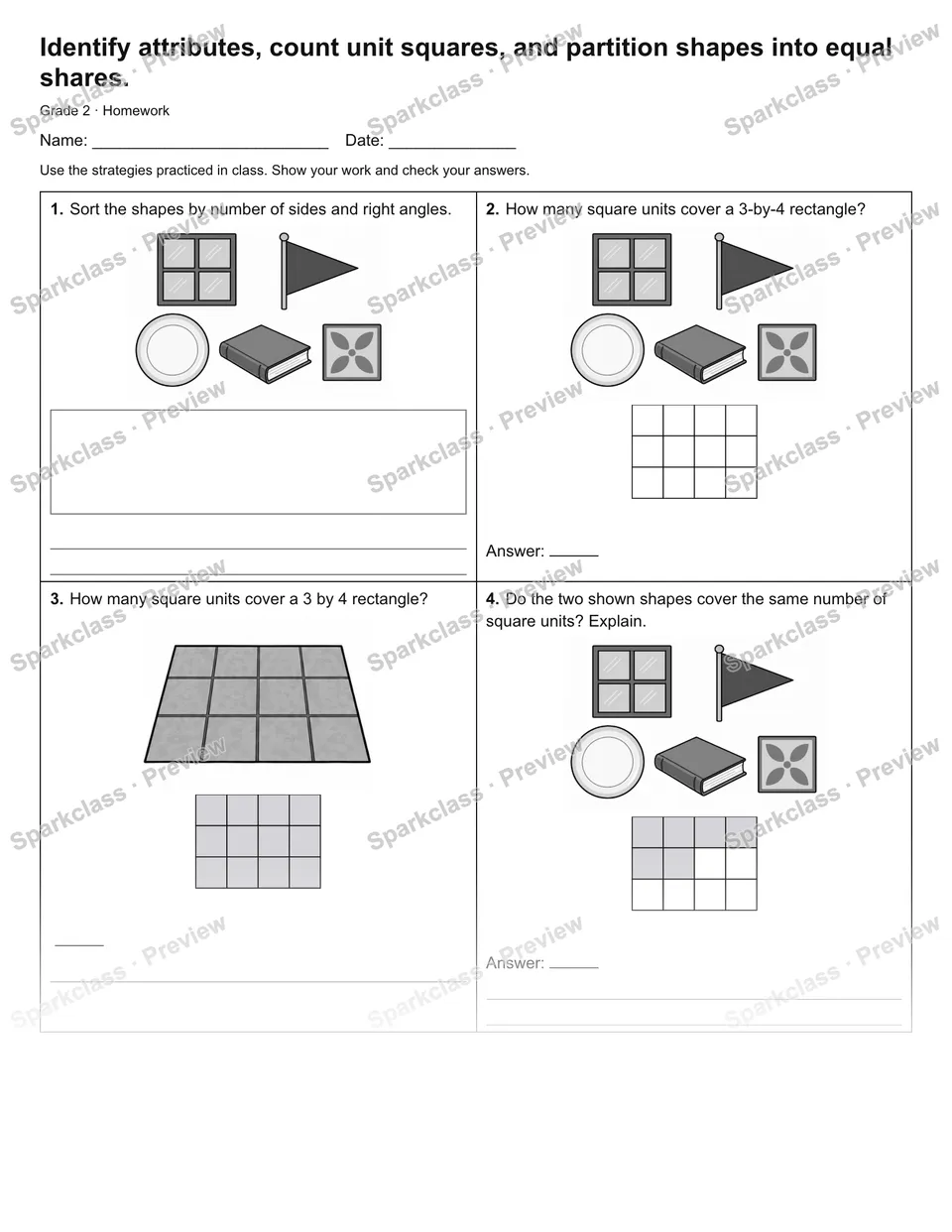 Identify attributes, count unit squares, and partition shapes into equal shares. — Homework — Grade 2 worksheet preview