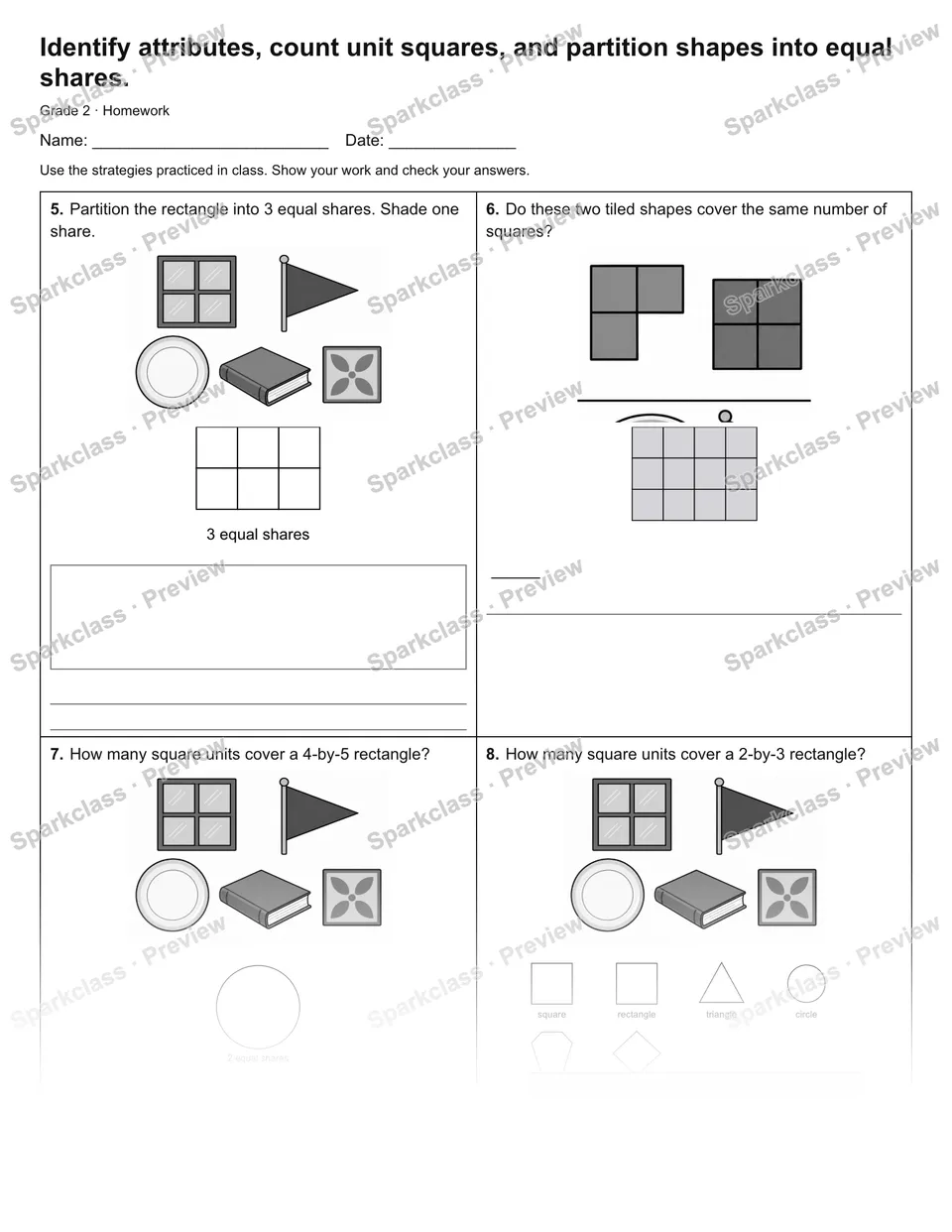 Identify attributes, count unit squares, and partition shapes into equal shares. — Homework — page 2
