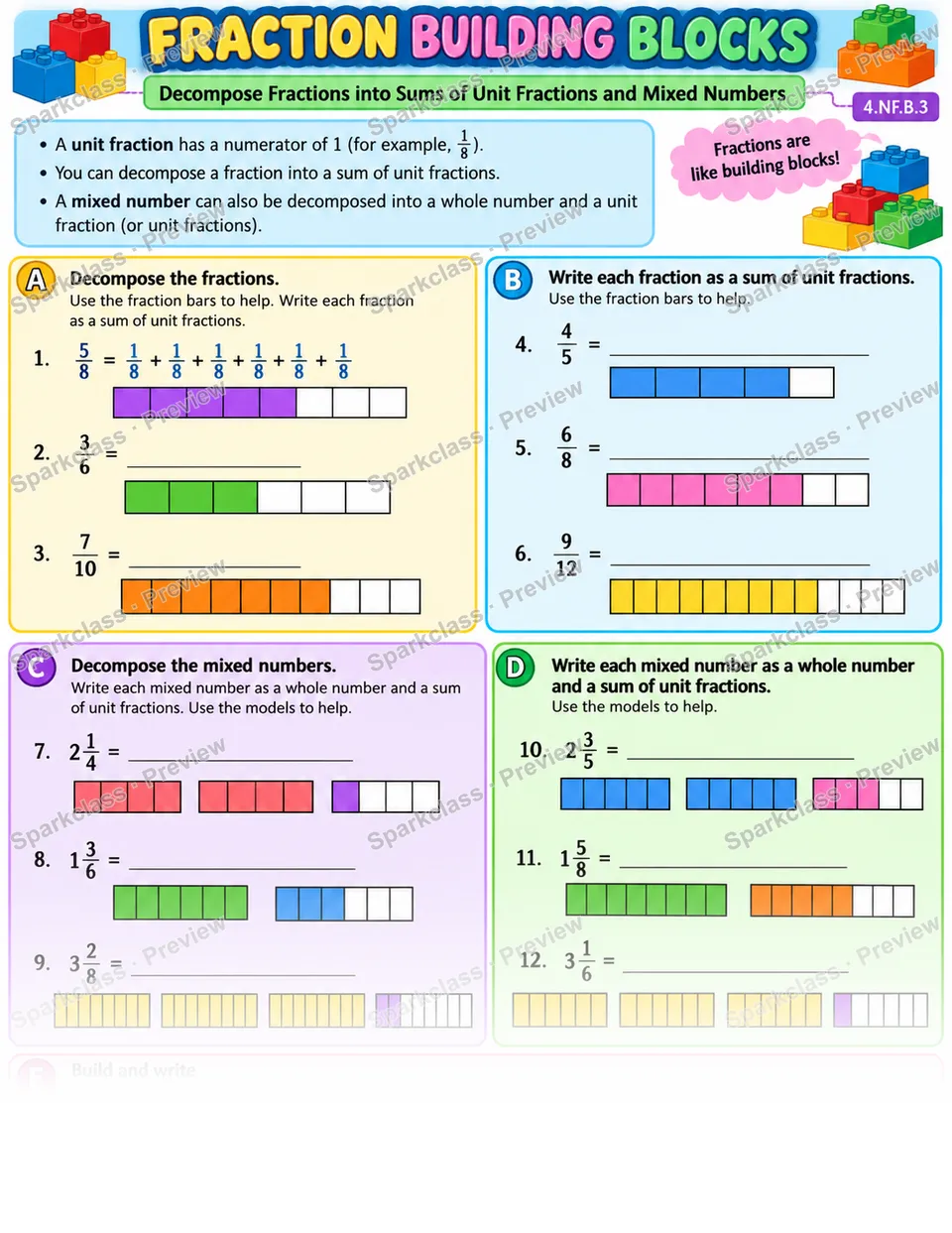 Decompose Fractions — Grade 4 worksheet preview