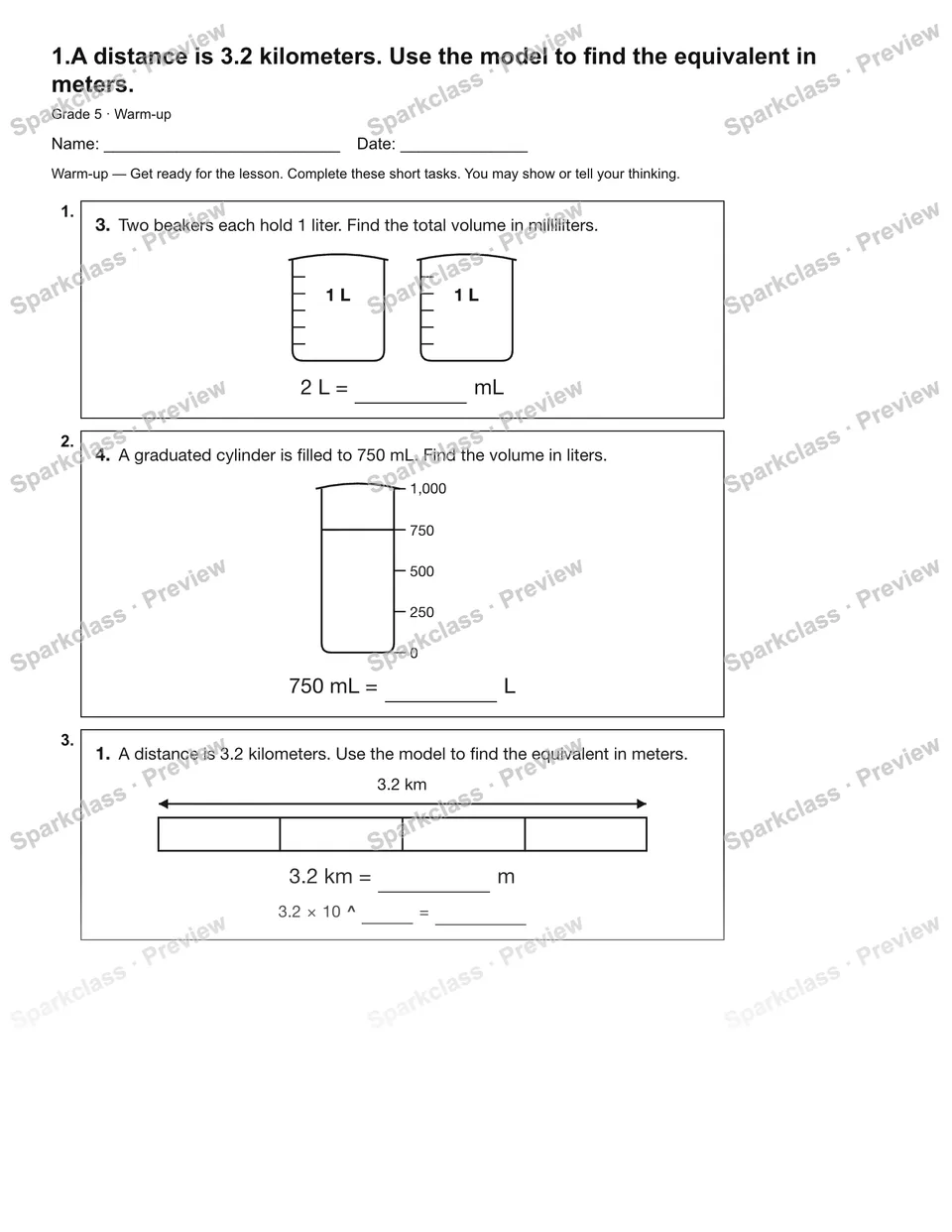 1.A distance is 3.2 kilometers. Use the model to find the equivalent in meters. — Warm-up — Grade 5 worksheet preview
