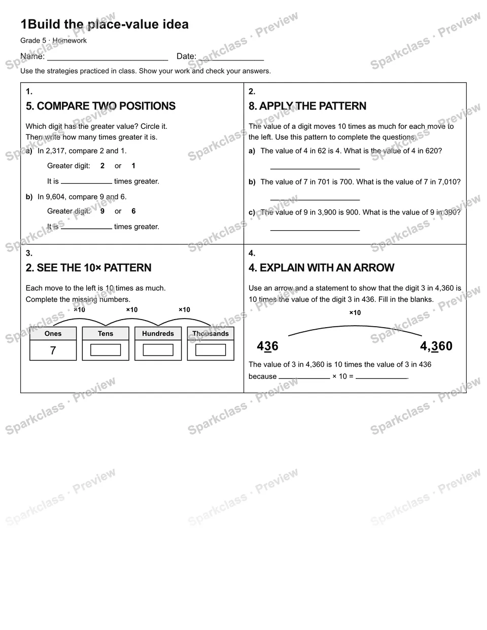 1Build the place-value idea — Homework — Grade 5 worksheet preview