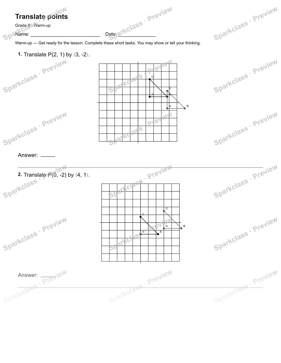 Translate points — Warm-up — Grade 8 worksheet preview