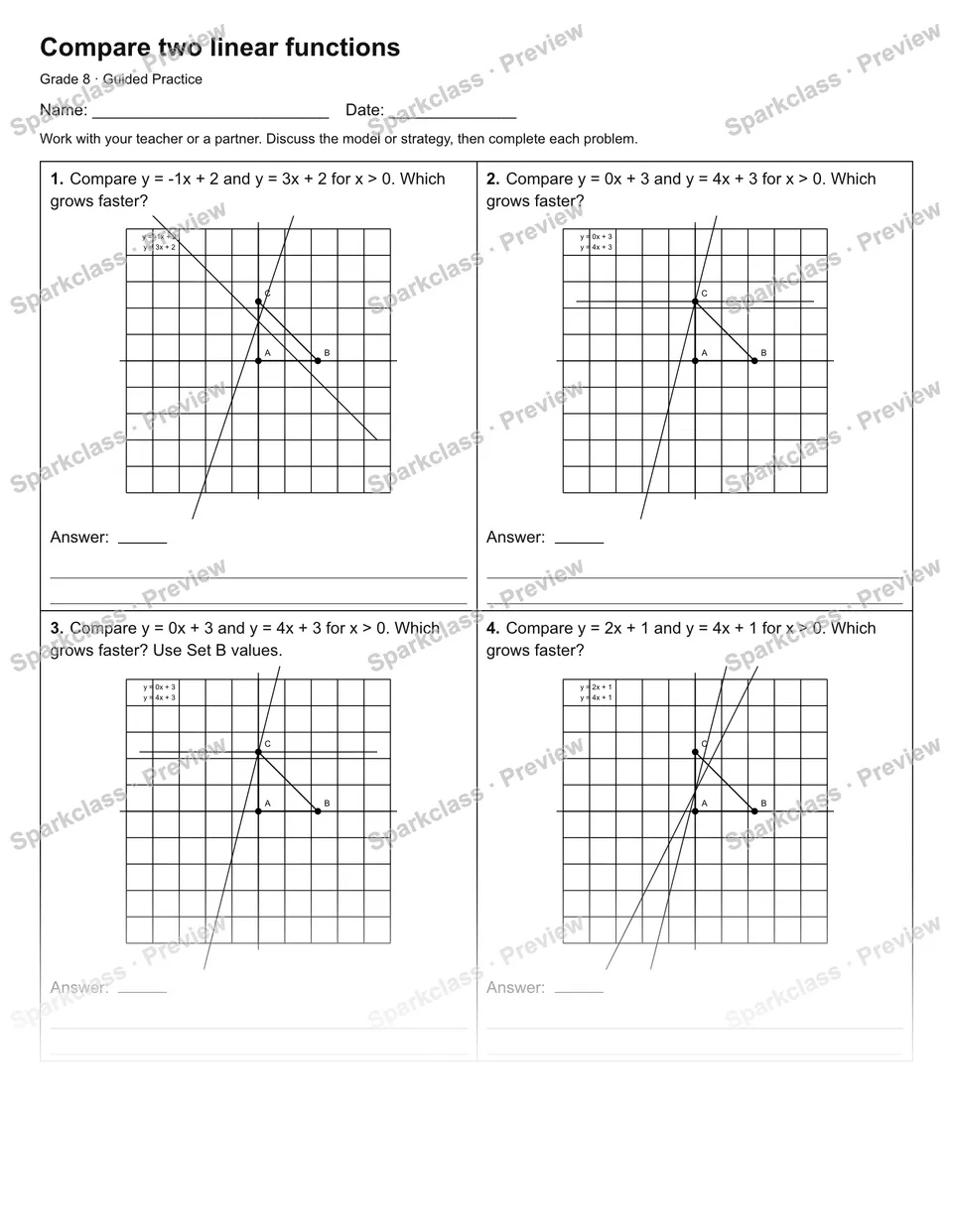 Compare two linear functions — Guided Practice — Grade 8 worksheet preview