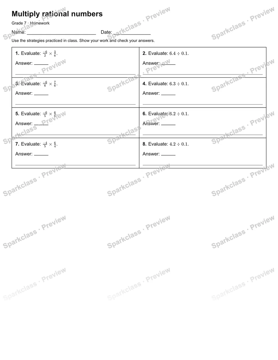 Multiply rational numbers — Homework — Grade 7 worksheet preview