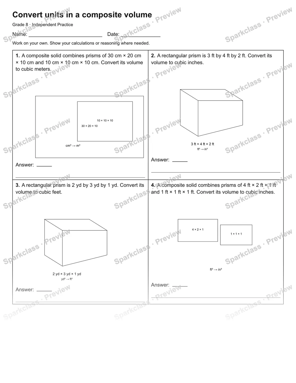 Convert units in a composite volume — Independent Practice — Grade 8 worksheet preview