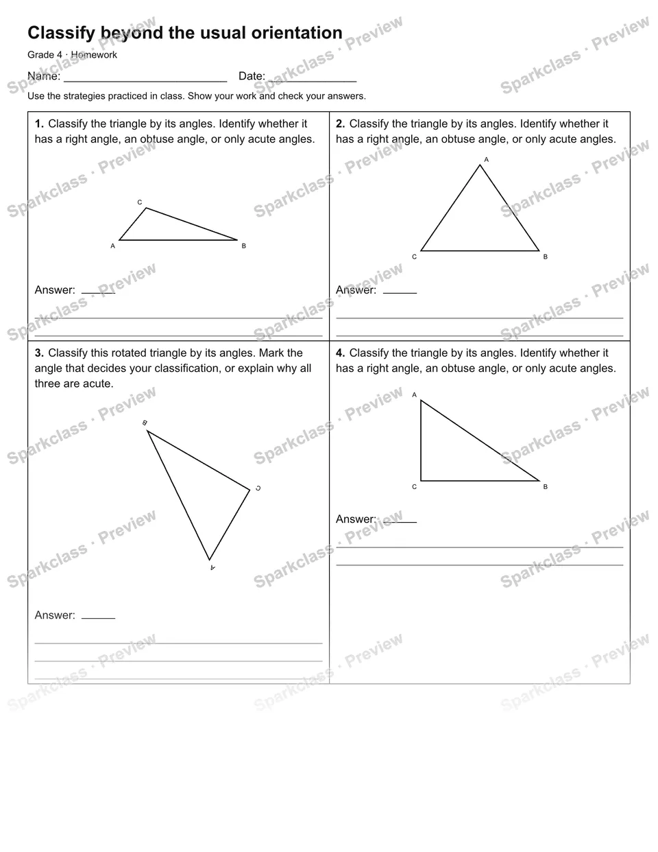 Classify beyond the usual orientation — Homework — Grade 4 worksheet preview
