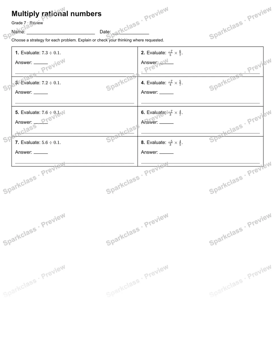 Multiply rational numbers — Review — Grade 7 worksheet preview