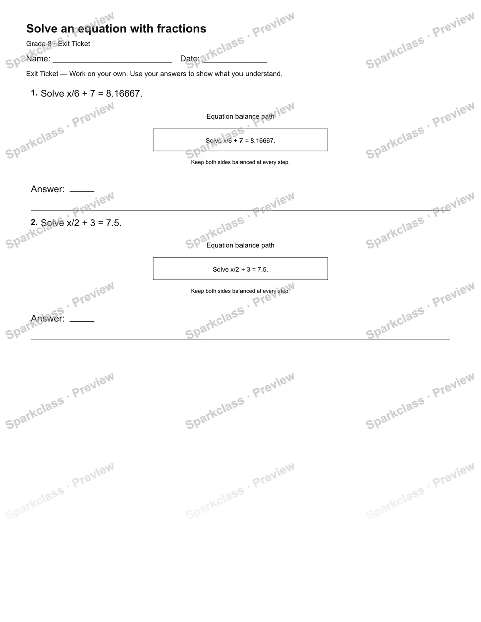 Solve an equation with fractions — Exit Ticket — page 2