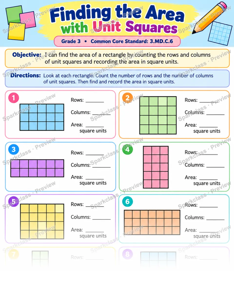 Rectangle Unit Square Count 01 — Grade 3 worksheet preview