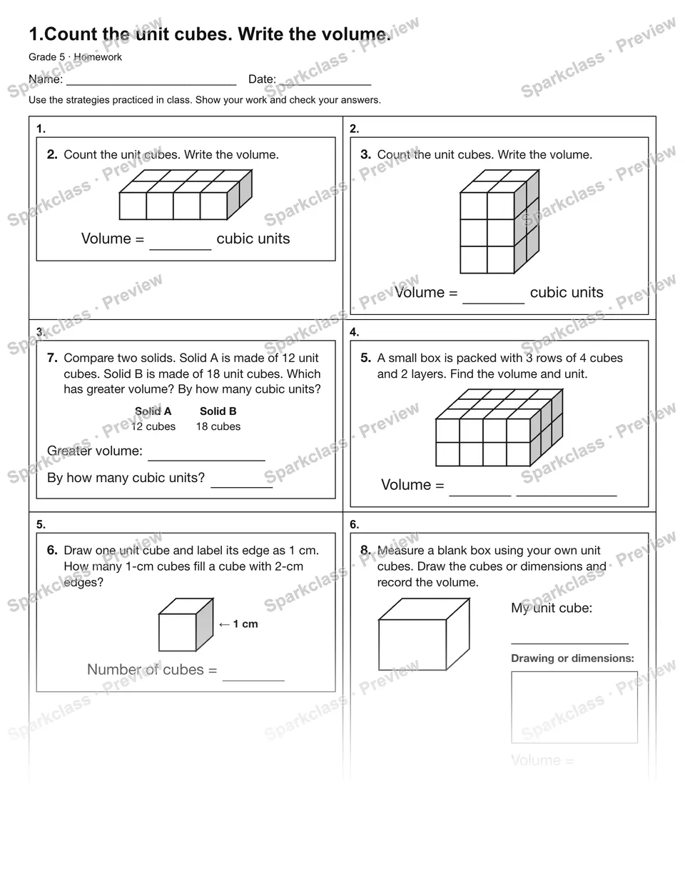 1.Count the unit cubes. Write the volume. — Homework — Grade 5 worksheet preview