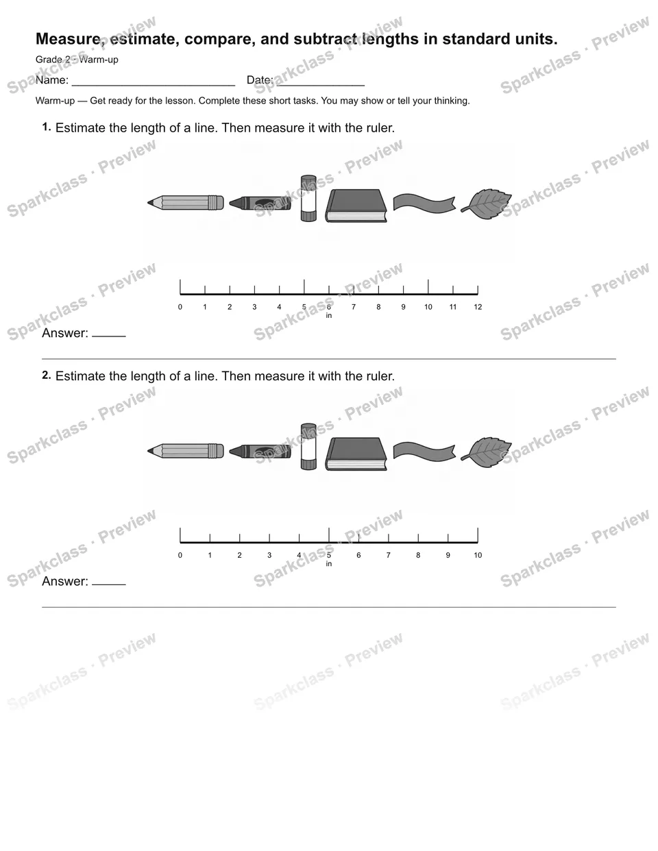 Measure, estimate, compare, and subtract lengths in standard units. — Warm-up — Grade 2 worksheet preview