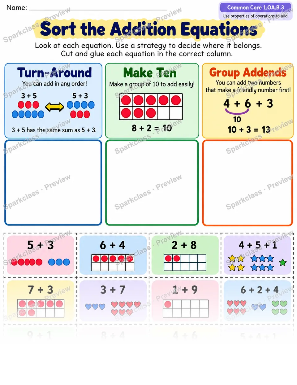 Strategy Sort — Grade 1 worksheet preview