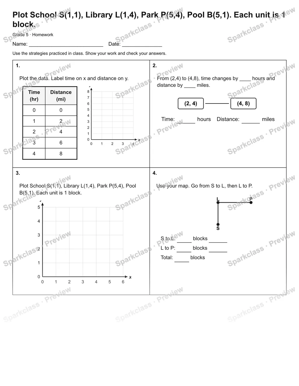 Plot School S(1,1), Library L(1,4), Park P(5,4), Pool B(5,1). Each unit is 1 block. — Homework — Grade 5 worksheet preview
