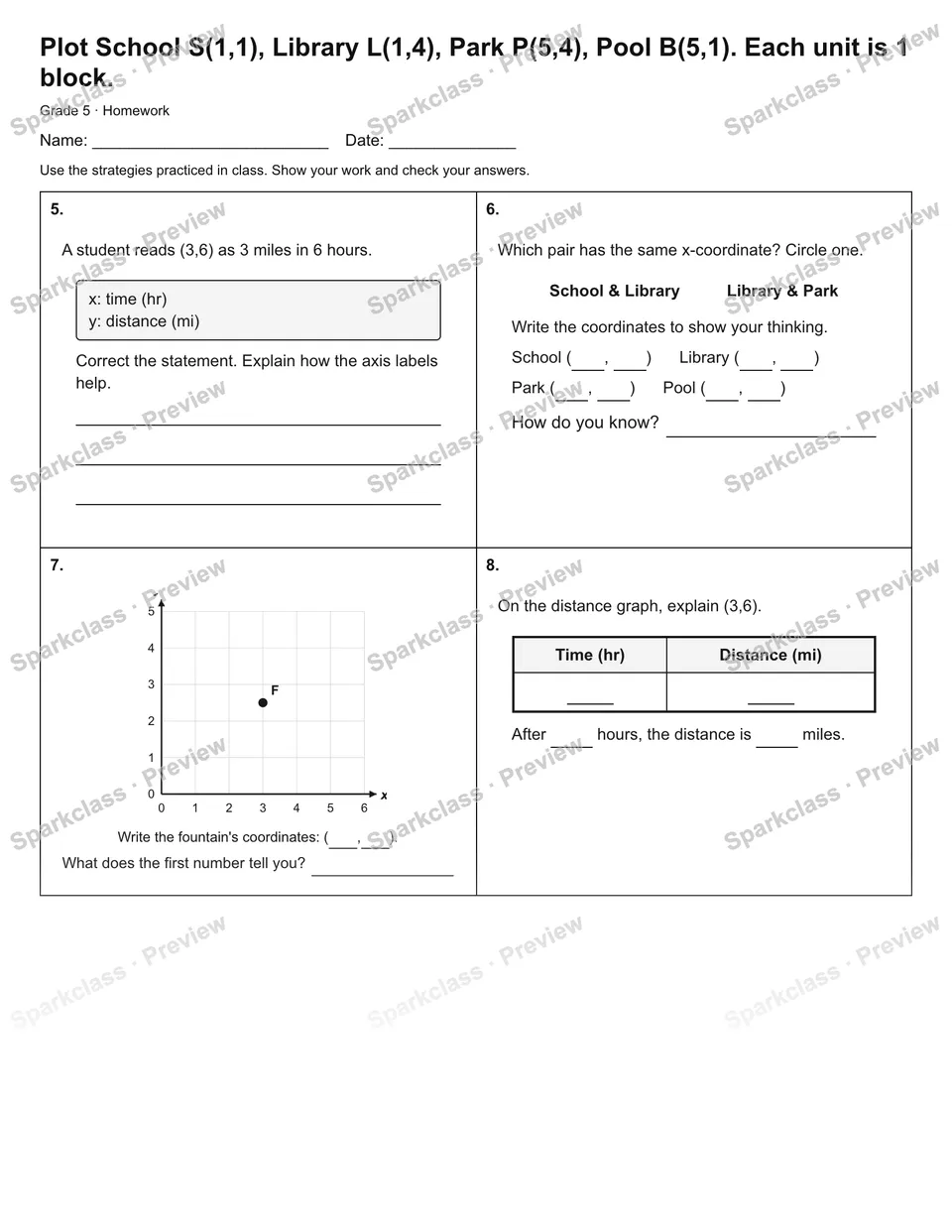 Plot School S(1,1), Library L(1,4), Park P(5,4), Pool B(5,1). Each unit is 1 block. — Homework — page 2