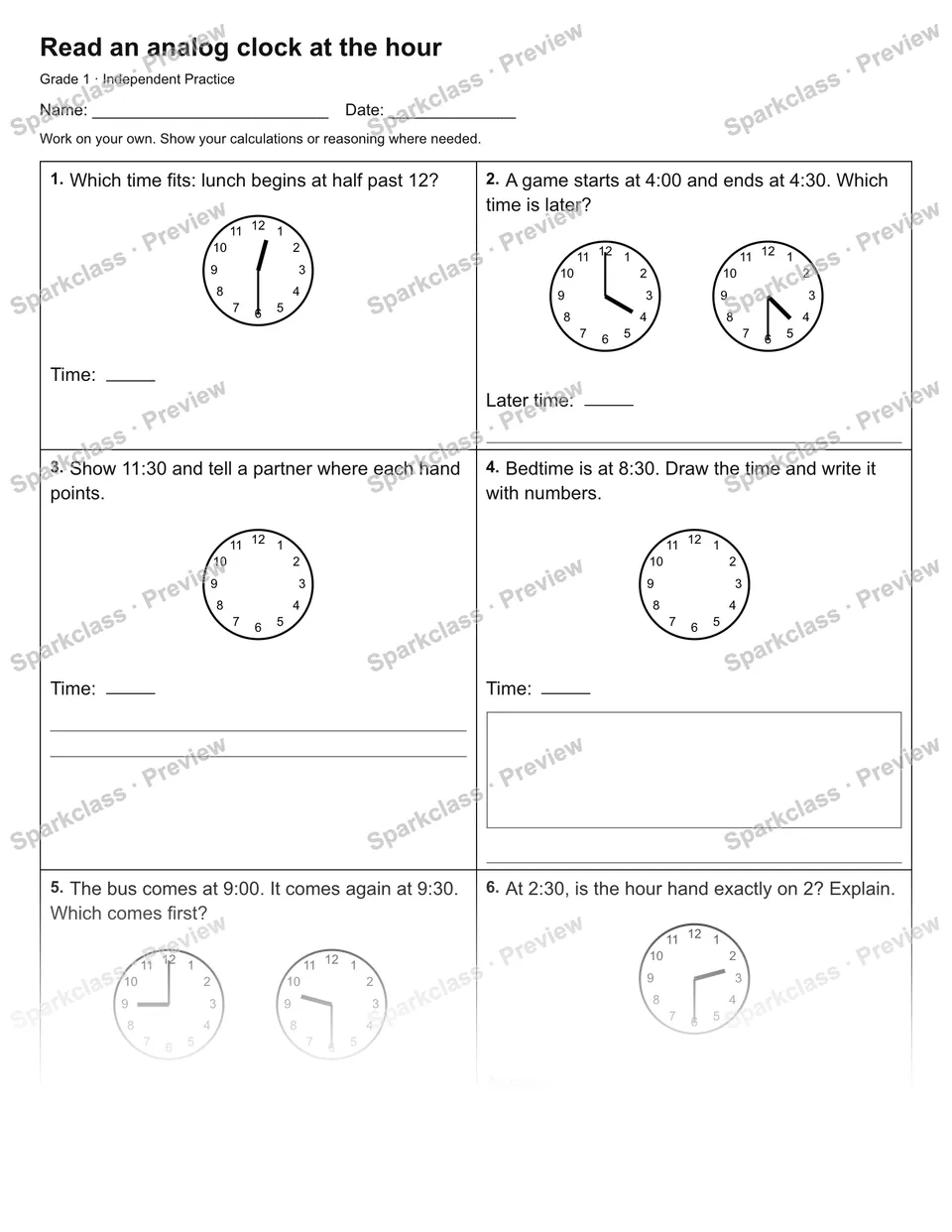 Read an analog clock at the hour — Independent Practice — Grade 1 worksheet preview