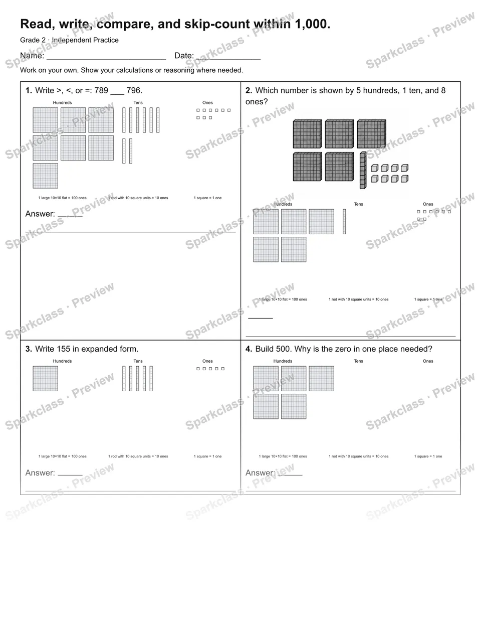 Read, write, compare, and skip-count within 1,000. — Independent Practice — Grade 2 worksheet preview