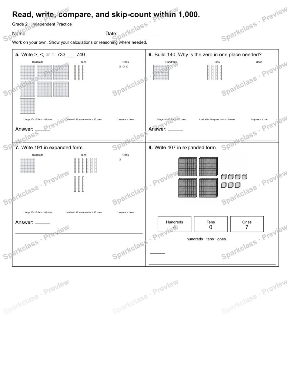 Read, write, compare, and skip-count within 1,000. — Independent Practice — page 2