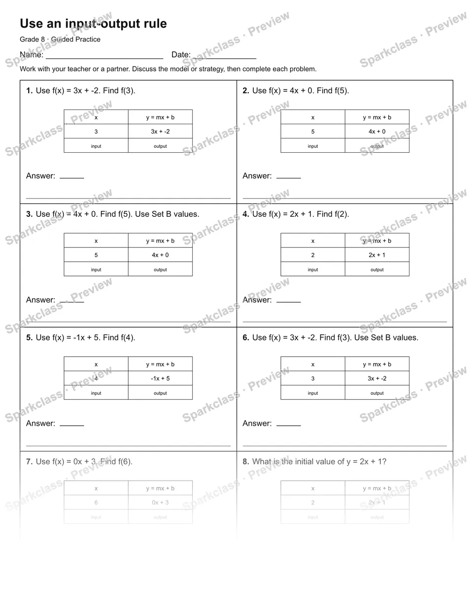 Use an input-output rule — Guided Practice — Grade 8 worksheet preview