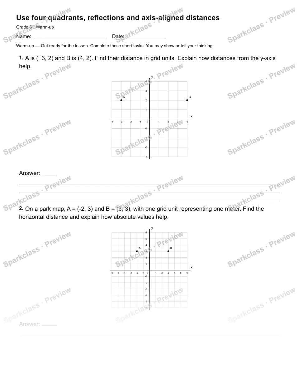 Use four quadrants, reflections and axis-aligned distances — Warm-up — page 2