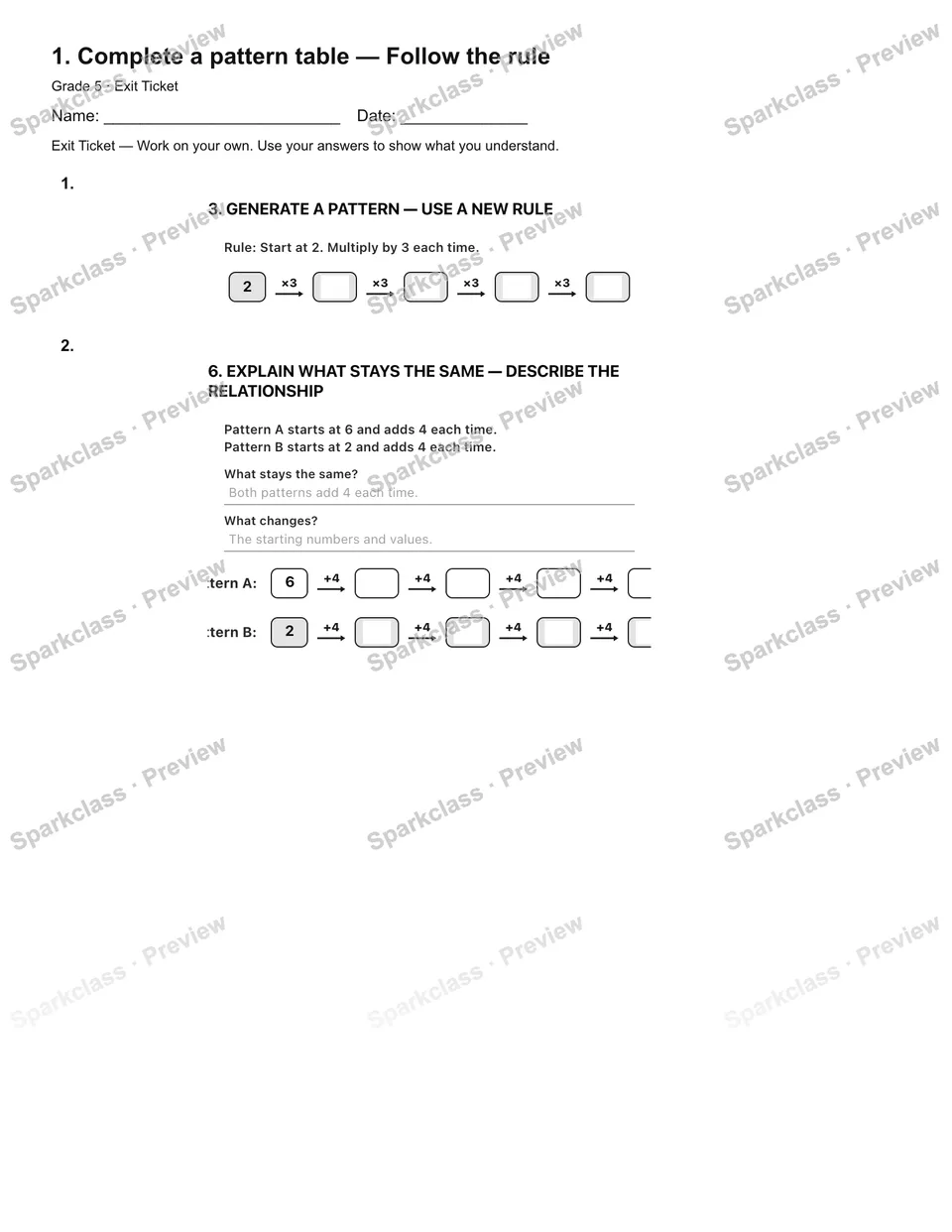 1. Complete a pattern table — Follow the rule — Exit Ticket — page 2